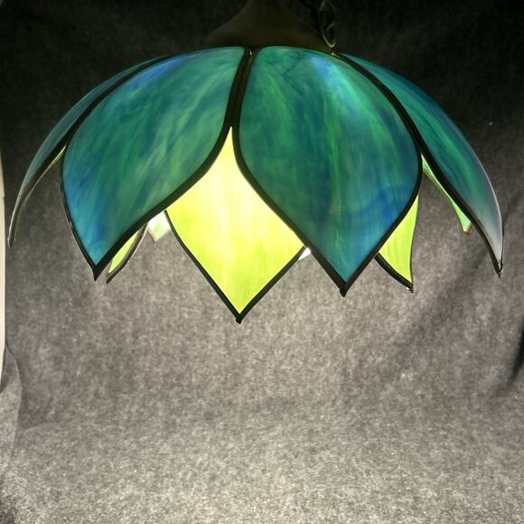 Vintage 1970s Stained Glass Chandelier Two Tier Slag Glass Hanging Lotus Flower - Picture 15 of 16